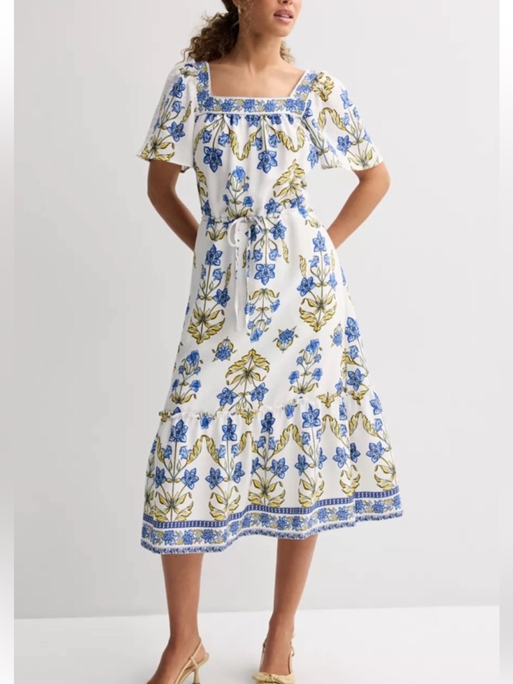 NWT Draper James Square Neck Flutter Sleeve Midi Dress M Ivory Blue